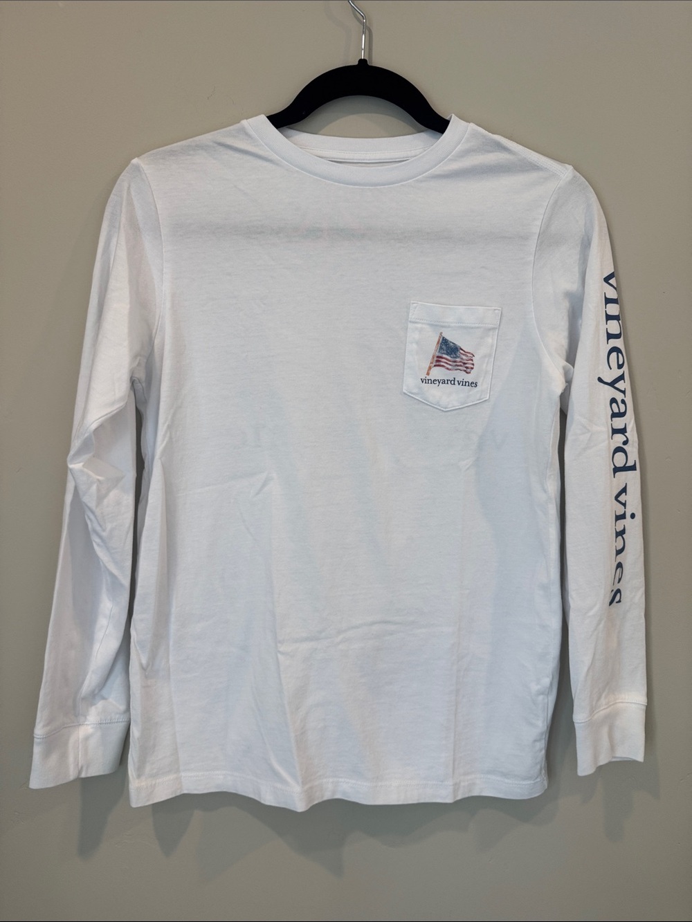 Boy’s Vineyard Vines White Long Sleeve Pocket Tee with Flag Pocket